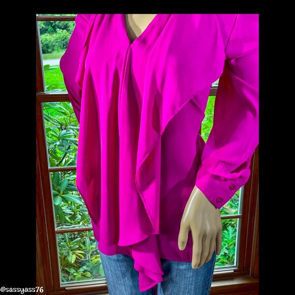 ▪️PETER NYGARD▪️Fuchsia Pink Ruffle Front High Low Long Sleeve Blouse - Picture 4 of 5
